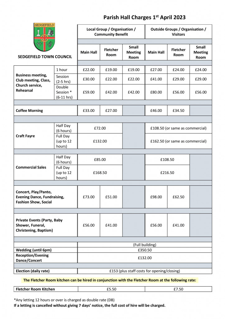 Parish Hall Fees wef 1 4 2023