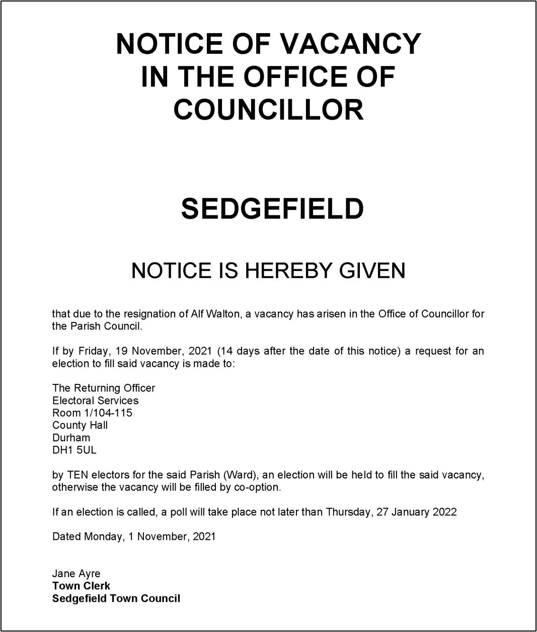 Notice of Vacancy - Sedgefield Town Council dated 1 November 2021
