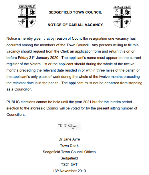 STC Councillor Co-option Notice 13th November 2019