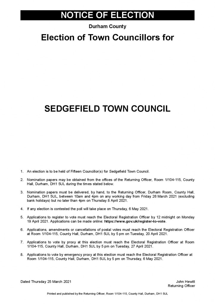Sedgefield Parish - Notice Of Election (Single Area) 2021-page-001