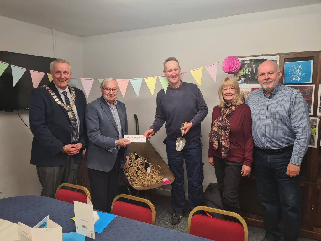 (l-r) Mayor of Sedgefield Cllr Dave Jasper, Chairman of Sedgefield Town Council Mel Carr, Ben Gray, Sedgefield in Bloom members Carole and Ian Milne