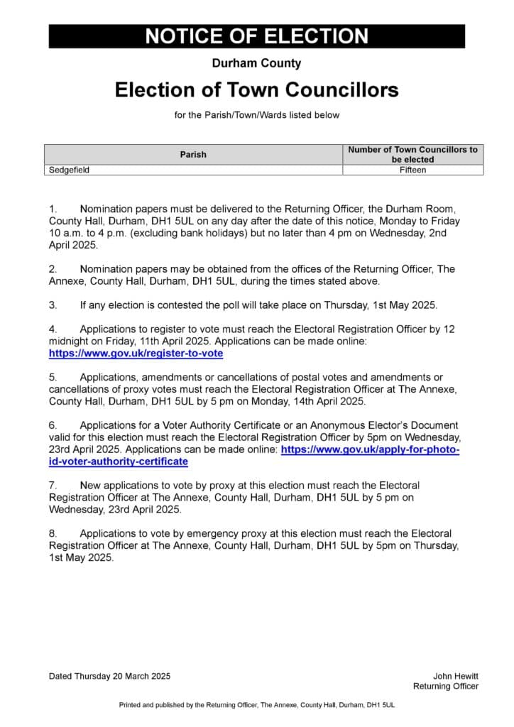 Sedgefield Election Notice 2025