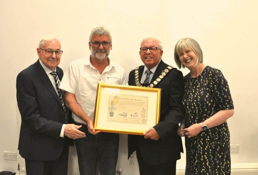 2024 Citizen of the Year award winner Tony Guest posing with his certificate alongside Mel Carr (Sedgefield Rotary Club), Mayor of Sedgefield Peter Hinde and Janette Savage (Sedgefield Development Trust)